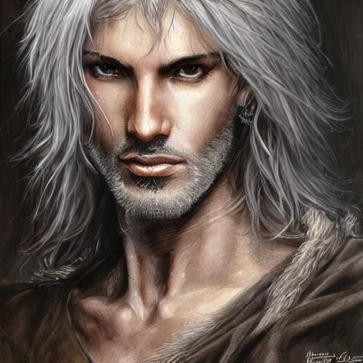Very detailed male portrait. intricate, elegant, highly detailed, trending on artstation, digital art, perfect face, perfect brown eyes, perfect composition, by Luis Royo, Baldur's gate, Raistlin Majere, brown skin, long white haired
