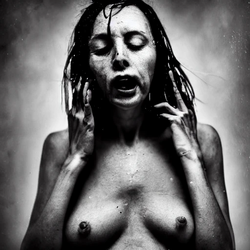 30 years old naked woman flying, not facing camera, tits, wrinkles, full body, stockings, love, open mouth, wet, pain, fear, fog, evil, darkness,  photo, ambient light, Nikon 50mm f/1.8G, by Lee Jeffries