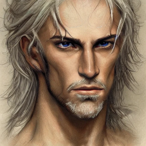 Very detailed male portrait. intricate, elegant, highly detailed, trending on artstation, digital art, perfect face, perfect brown eyes, perfect composition, by Luis Royo, Baldur's gate, Raistlin Majere, brown skin, long white haired, fifthy years old