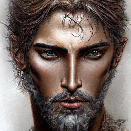 Very detailed male portrait. intricate, elegant, highly detailed, trending on artstation, digital art, perfect face, perfect brown eyes, perfect composition, by Luis Royo, Baldur's gate, warrior, brown skin, long white haired, fifthy years old