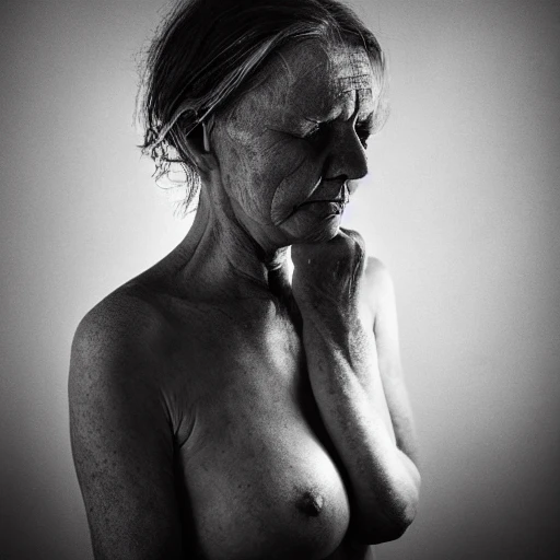 30 years old naked woman, tits, wrinkles, full body, stockings, pain, fear, fog, evil, darkness,  photo, ambient light, Nikon 50mm f/1.8G, by Lee Jeffries
