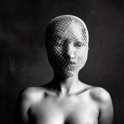 naked woman covered face sitting, full body, fishnets, photo, ambient light, Nikon 14mm f/1.8G, by Lee Jeffries
