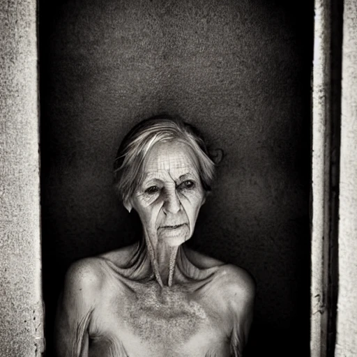 naked mature woman in toilet, full body, photo, ambient light, Nikon 14mm f/1.8G, by Lee Jeffries
