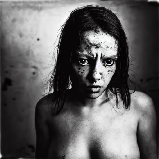 prostitute, dirty, seducing, tits, nipples, photo, ambient light, Nikon 14mm f/1.8G, by Lee Jeffries