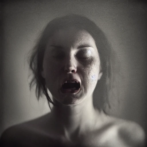 30 years old naked woman upper body, facing camera, tits, love, open mouth, wet, fear, fog, evil, darkness,  photo, ambient light, Nikon 50mm f/1.8G, by Lee Jeffries, Alessio Albi, Adrian Kuipers