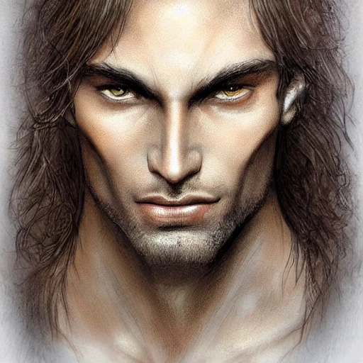 Very detailed male portrait. intricate, elegant, highly detailed, trending on artstation, digital art, perfect face, perfect brown eyes, perfect composition, by Luis Royo, Baldur's gate, Raistlin Majere, brown skin, long white haired, 3D