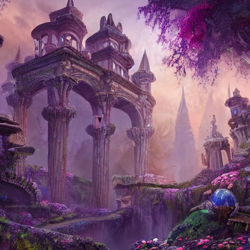 a beautiful and highly detailed matte painting of a beautiful dream ancient ruin palace in a magical fantasy forest garden, colorful flowers, psychedelic, epic scale, insanely complex, hyperdetailed, sharp focus, hyperrealism, artstation, cgsociety, 8 k, bright colors fantastic view 3D shading shadow depth, 3D, Cartoon