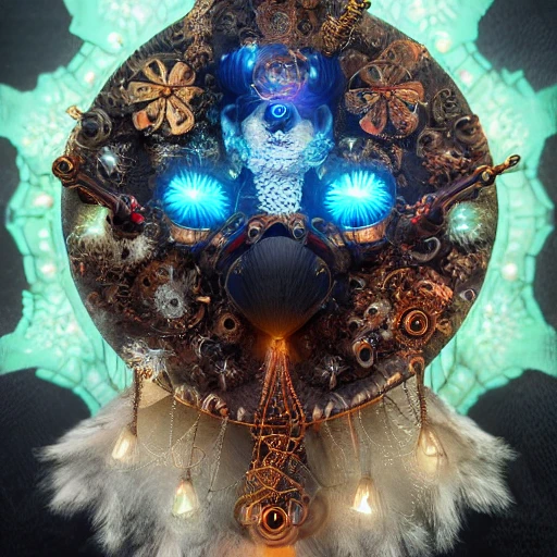 symmetrical! unrealistic, highly detailed, close-up portrait of an intricate steampunk, celestial snow peacock wearing a tinsel, rendered hazel eyes, surrounded by colored smoke, night background, trending on artstation, masterpiece, 64k, octane render, volumetric lighting,  art by artgem and greg rutkowski, digital, 8K wallpaper 
