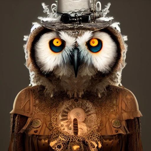 symmetrical! unrealistic, highly detailed, close-up portrait of an intricate steampunk woman celestial snowy owl ghost head wearing a tinsel, rendered hazel eyes, surrounded by colored smoke, night background, trending on artstation, masterpiece, 64k, octane render, volumetric lighting,  art by artgem and greg rutkowski, digital, 8K wallpaper 