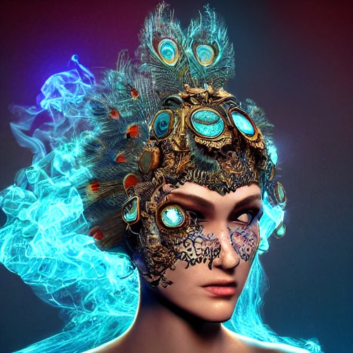 symmetrical! unrealistic, highly detailed, close-up portrait of an intricate steampunk, peacock ghost head wearing a tinsel, rendered hazel eyes, surrounded by colored smoke, night background, trending on artstation, masterpiece, 64k, octane render, volumetric lighting,  art by artgem and greg rutkowski, digital, 8K , 3D