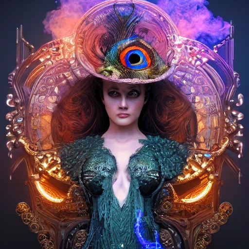 symmetrical! unrealistic, highly detailed, close-up portrait of an intricate steampunk woman, peacock ghost head wearing a tinsel, rendered hazel eyes, surrounded by colored smoke, night background, trending on artstation, masterpiece, 64k, octane render, volumetric lighting,  art by artgem and greg rutkowski, digital, 8K , 3D