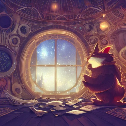 cute steampunk rabbit with a polygonal library walls and glass ceilings showing the stars and hanging silk drapery and tapestries, light dust, magnificent, close up, details, sharp focus, elegant, highly detailed, illustration, by Jordan Grimmer and greg rutkowski and PiNe(パイネ) and 薯子Imoko and 香川悠作 and wlop and maya takamura, intricate, beautiful, Trending artstation, pixiv, digital Art