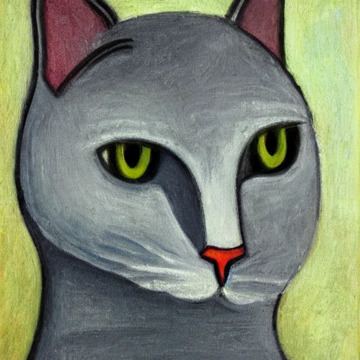 A gray cat with green eyes, painting by Pablo Picasso