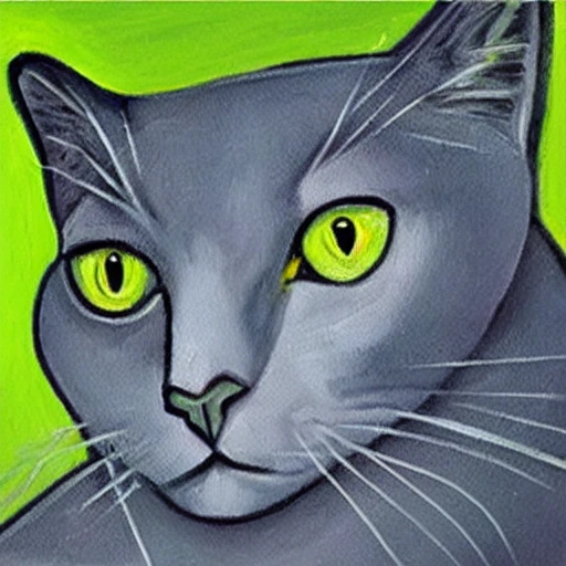 high quality high detail painting by Pablo Picasso, hd, portrait of a gray cat with green eyes, photorealistic lighting