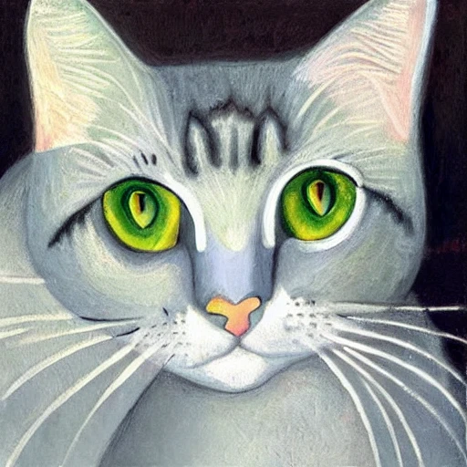 high quality high detail painting by Pablo Picasso, hd, portrait of a cute gray cat with green eyes, photorealistic lighting