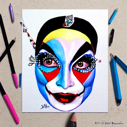 Realistic harlequin jester, Blue and Pink, 3D, DMT, Bleeding eyes, pretty face