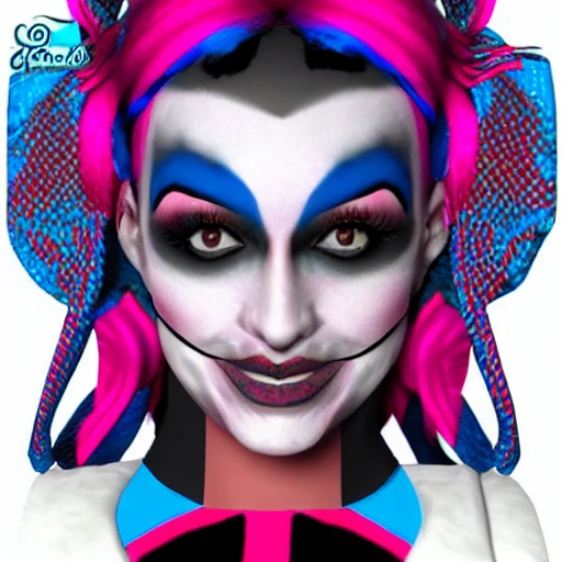 Realistic harlequin jester, Blue and Pink, 3D, DMT, Bubblegum, cyber goth 