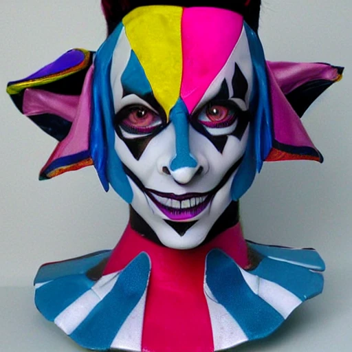 Realistic harlequin jester, Blue and Pink, 3D, DMT, cyber goth 