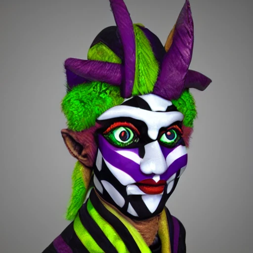 Realistic harlequin jester, green and purple, 3D, DMT