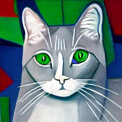 high quality high detail painting by Pablo Picasso, hd, portrait of a cute gray cat with green eyes, photorealistic lighting