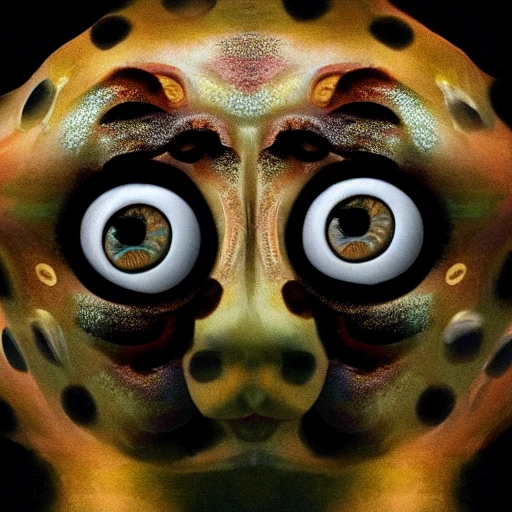animal with the face of a human, 3D, real, wheel covered in eyes, cherubim, Homer Simpson