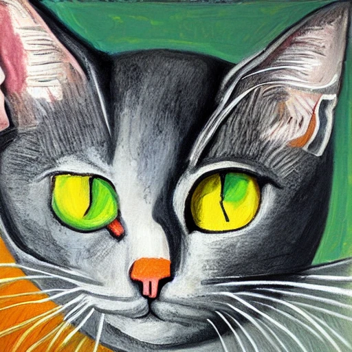 high quality high detail painting by Pablo Picasso, hd, portrait of a cute gray cat with green eyes, photorealistic lighting