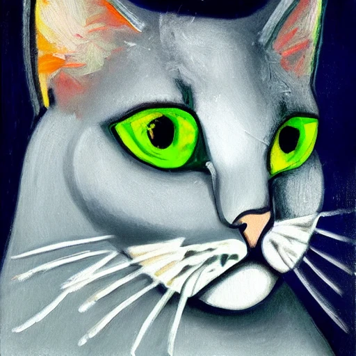 high quality high detail painting by Pablo Picasso, hd, portrait of a cute gray cat with green eyes, photorealistic lighting