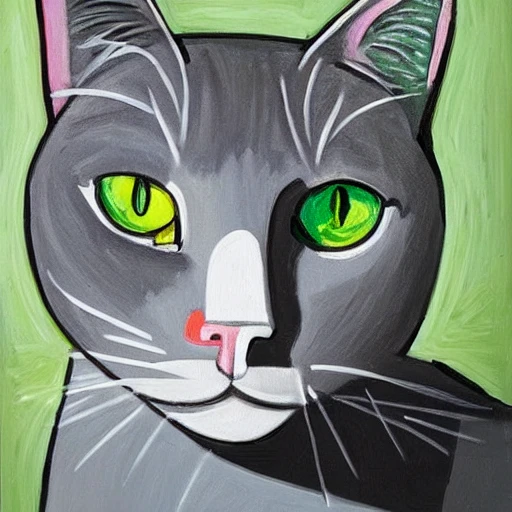 high quality high detail painting by Pablo Picasso, hd, portrait of a cute gray cat with green eyes, photorealistic lighting