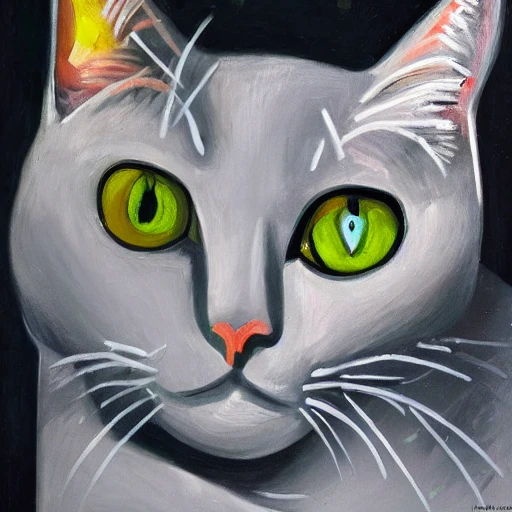 high quality high detail painting by Pablo Picasso, hd, portrait of a cute gray cat with green eyes, photorealistic lighting