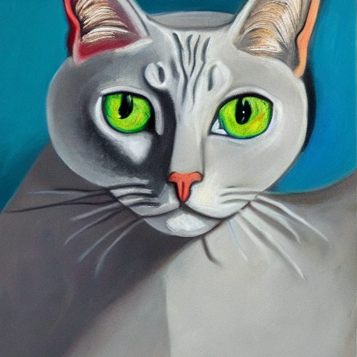 high quality high detail painting by Pablo Picasso, hd, portrait of a cute gray cat with green eyes, photorealistic lighting