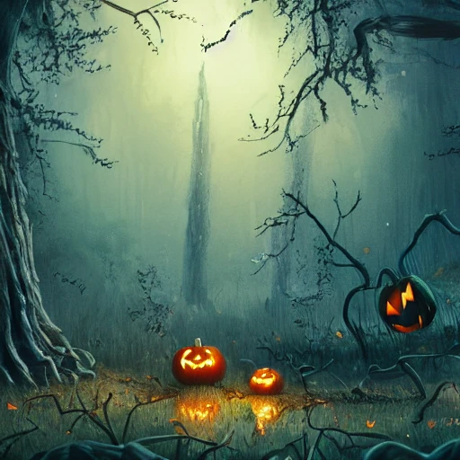 Halloween Night forest scene, Medium shot angle, Elegant. Smooth. By Pixar. Key Art. Fantasy Illustration. award winning, Artstation, intricate details, realistic, Hyperdetailed, 8k resolution, Lomography.