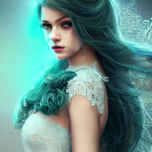 gorgeous highly detailed young lady with intricate turquoise and white lace dress , beautiful long wavy hair, intricately detailed green eyes, seductive, attractive, elegant, lumen global illumination, jonas de ro trending on Artstation extremely detailed fantasy bright studio setting studio lighting intricate cinematic lighting beautiful 4K 3D high definition cinematic postprocessing, 3D
