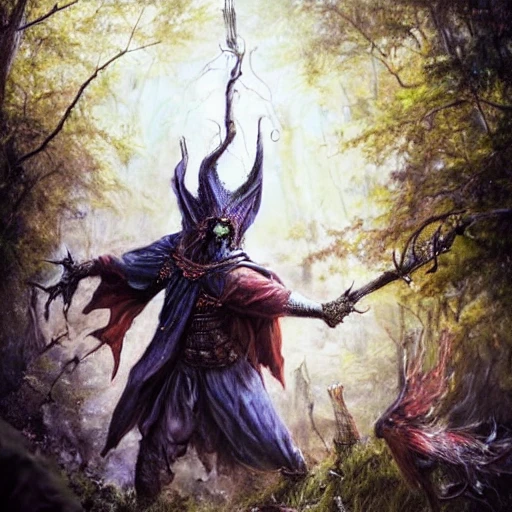 warlock casting banishing spell, unreal engine, art by Mario Nevado extremely detailed HD wallpaper, realism, 8k {{extremely detailed face}, {{masterpiece}}, highly detailed, intricate, still, photograph, fantasy, medieval, midday, day, sunny, shimmering, realistic, 8k, award winning, trending on artstation, Dungeons and dragons, tabletop,