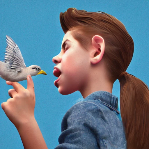 teen whistling to a bird, blue quaver,digital painting, illustration, fine details, cinematic, highly detailed, 3D