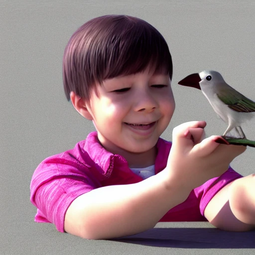 kid playing with bird, 3D