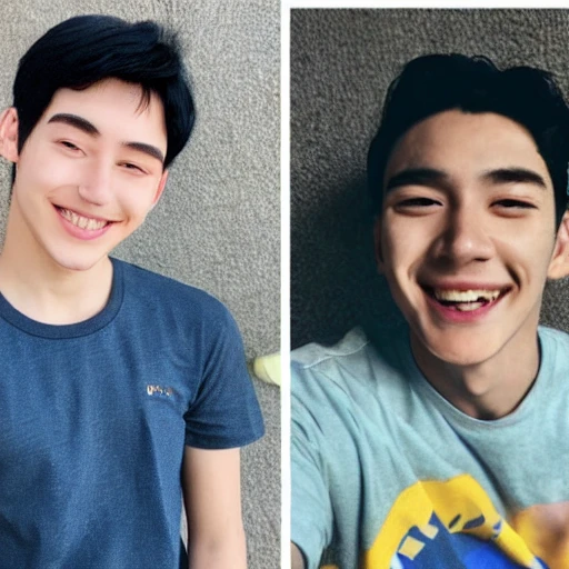 18 years old man, korean face with dimple, black hair, sport t shirt, smiling