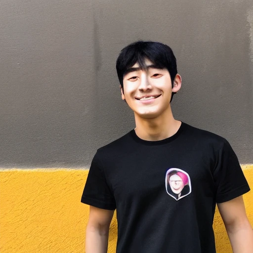 18 years old man, korean face with dimple, black hair, sport t shirt, smiling,Oil Painting