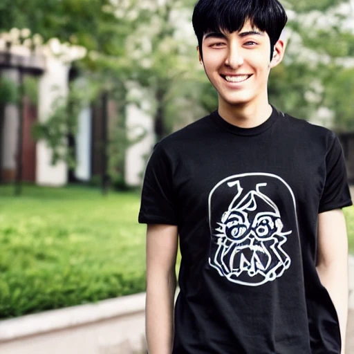 18 years old man, korean face with dimple, black hair, sport t shirt, smiling,high detailed