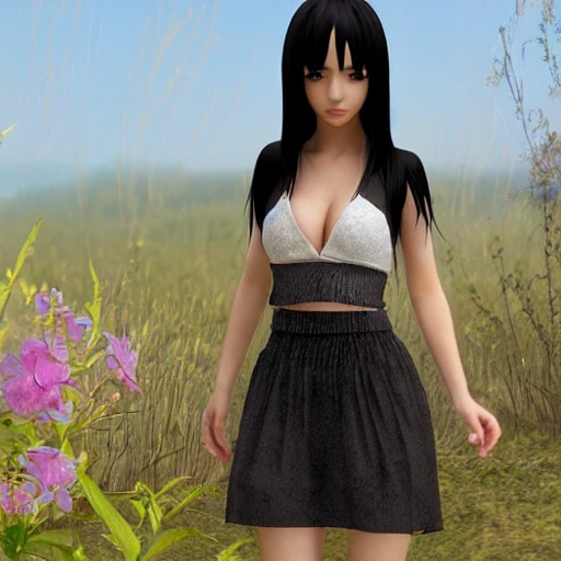 render as a very beautiful daz 3d anime Asiain girl, wearing nothing, long shiny black hair, hazel eyes, full round face, short smile, assam landscape setting, sunny ambient diffused glow cinematic HDRI lighting