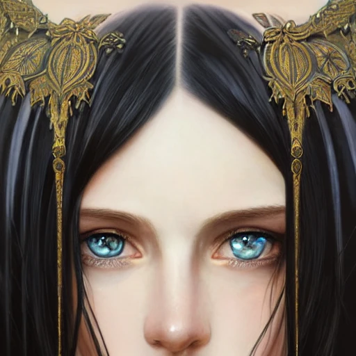 Portrait of teenage girl with long glossy black hair, blue eyes, glowing skin, fashion model features, fantasy, intricate, elegant, black dress, highly detailed, digital painting, artstation, concept art, smooth, sharp focus, illustration, art by krenz cushart and artem demura and alphonse mucha