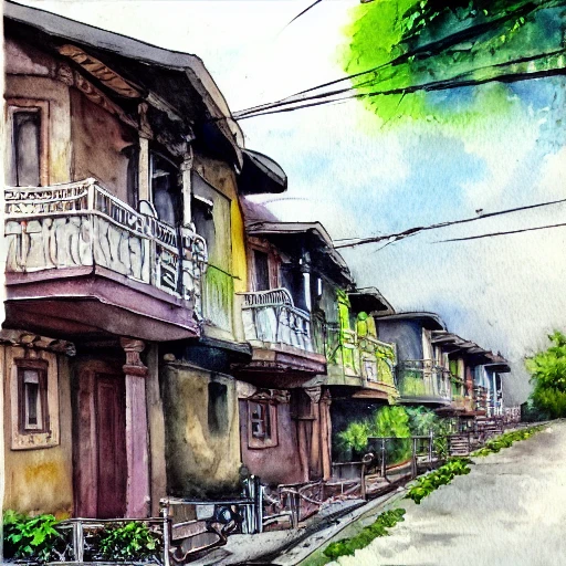 street lined with prehistoric residential houses summer watercolor by arti chauhan trending on artstation, rococo, professional artwork 

, Oil Painting