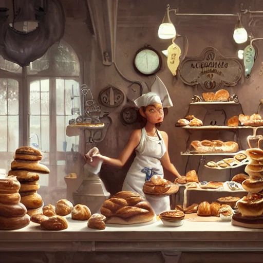 cute scene inside a fantasy bakery a short thin cute baker wear