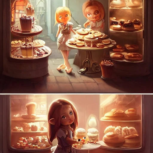 cute scene inside a fantasy bakery, a short thin cute baker with big eyes wearing an apron  is selling pastries to a pretty goblin, intricate, highly detailed, artstation, concept art, smooth, sharp focus, natural lighting, art by artgerm and greg rutkowski