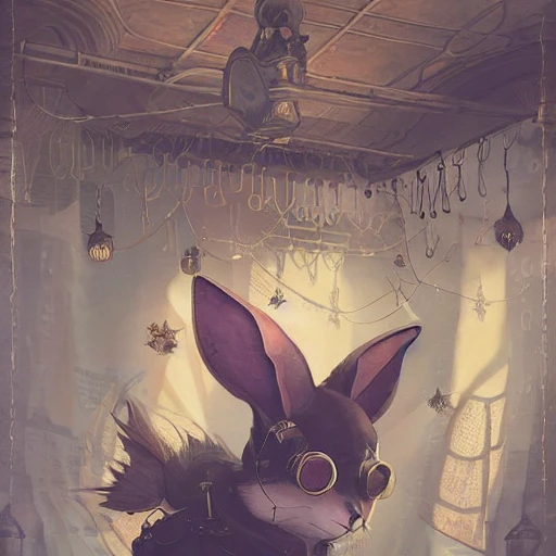 cute steampunk Bunny with a polygonal library walls and glass ceilings showing the stars and hanging silk drapery and tapestries, light dust, magnificent, close up, details, sharp focus, elegant, highly detailed, illustration, by Jordan Grimmer and greg rutkowski and PiNe(パイネ) and 薯子Imoko and 香川悠作 and wlop and maya takamura, intricate, beautiful, Trending artstation, pixiv, digital Art