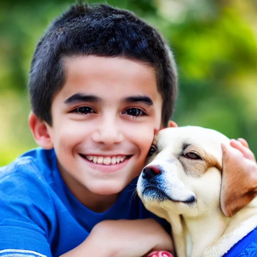portrait of a spanish kid smiling with a dog