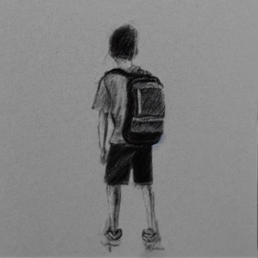 pencil sketch, middle school boy headed to school wearing backpack, confident though slightly nervous, shorts and t-shirt