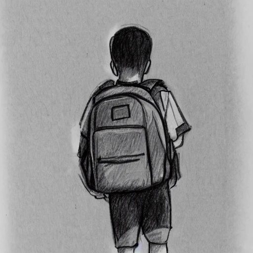 pencil sketch, middle school boy headed to school wearing backpack, confident though slightly nervous, shorts and t-shirt, facing forward