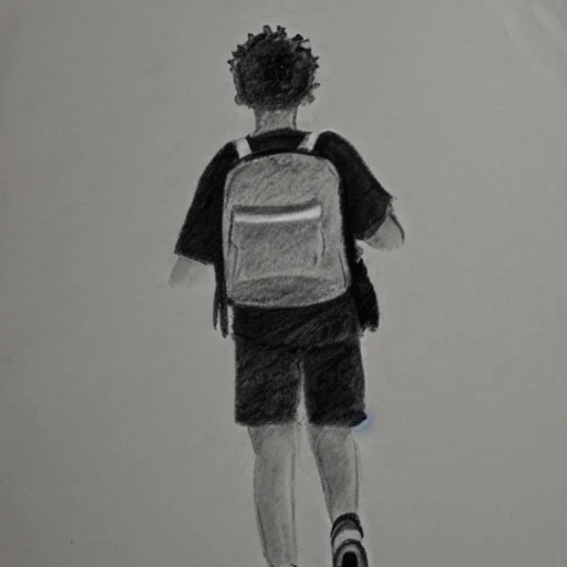 pencil sketch, high school boy headed to school wearing backpack, shorts and t-shirt, curly hair, walking