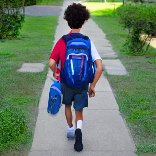 pencil sketch, junior school boy headed to school wearing backpack, shorts and t-shirt, curly hair, walking