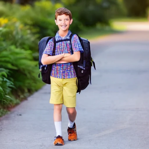 junior school boy headed to school wearing backpack, shorts and t-shirt, curly hair, walking, Pencil Sketch